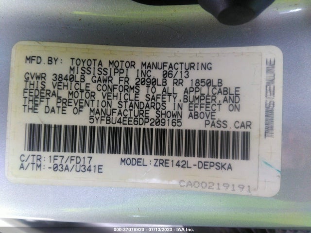 2013 TOYOTA COROLLA L/LE/S VIN: 5YFBU4EE6DP209165