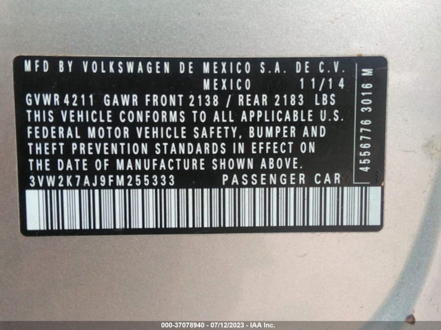 3VW2K7AJ9FM255333 Volkswagen Jetta Sedan 2.0l S W/technology