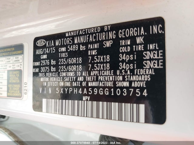 2016 KIA SORENTO EX VIN: 5XYPH4A59GG103754