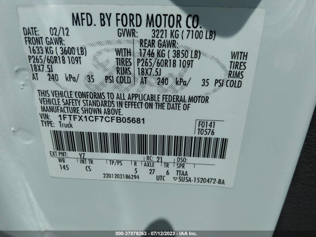 2012 FORD F-150 XL/STX/XLT/FX2/LARIAT VIN: 1FTFX1CF7CFB05681