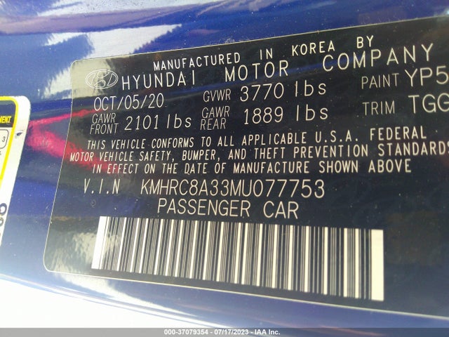 2021 HYUNDAI VENUE SEL VIN: KMHRC8A33MU077753