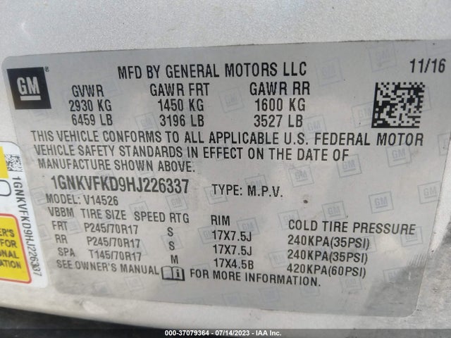 Chevrolet Traverse Ls 2017 1GNKVFKD9HJ226337 Image 9