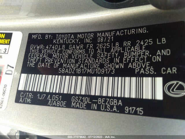 58ADZ1B17MU109173 Lexus Es Es 350