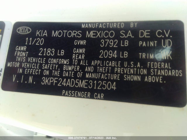 2021 KIA FORTE LXS VIN: 3KPF24AD5ME312504