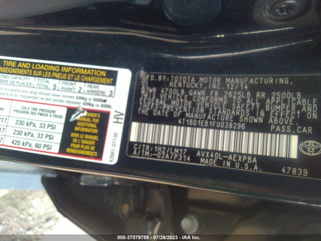 2015 TOYOTA AVALON HYBRID XLE TOURING/LIMITED VIN: 4T1BD1EB1FU038296