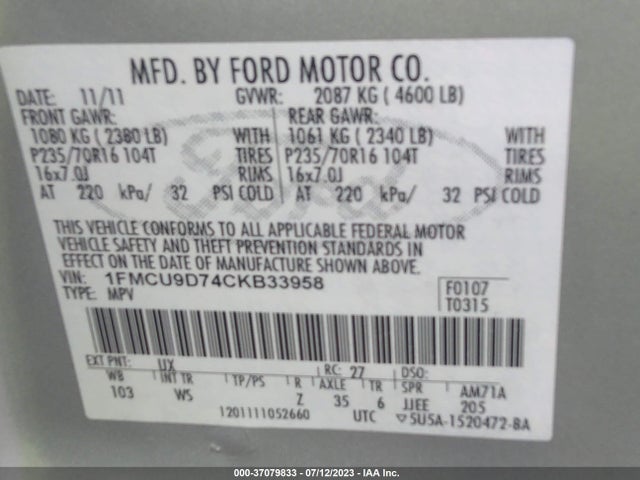2012 FORD ESCAPE XLT VIN: 1FMCU9D74CKB33958