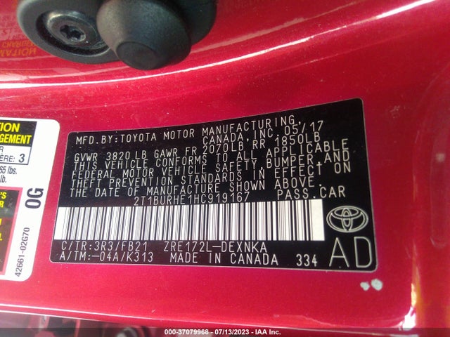 2017 TOYOTA COROLLA L/LE/XLE/SE VIN: 2T1BURHE1HC919167