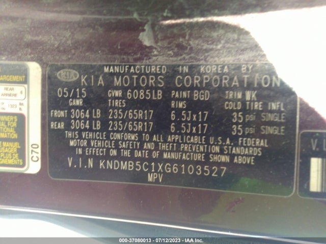 2016 KIA SEDONA LX VIN: KNDMB5C1XG6103527