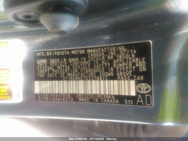 2014 TOYOTA COROLLA L/LE/S/S PLUS/LE PLUS VIN: 2T1BURHE7EC218872