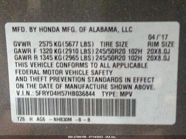 5FRYD4H57HB036844 Acura Mdx W/technology Package