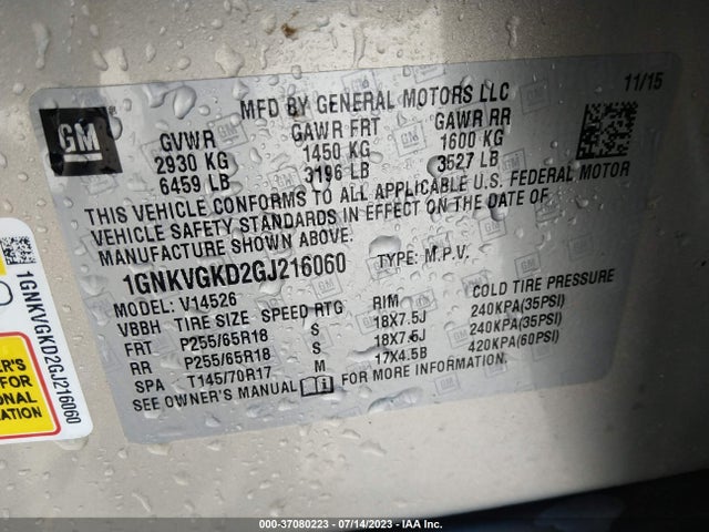 Chevrolet Traverse 1lt 2016 1GNKVGKD2GJ216060 Image 9