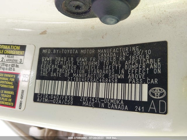 2010 TOYOTA COROLLA VIN: 2T1BU4EE6AC468458
