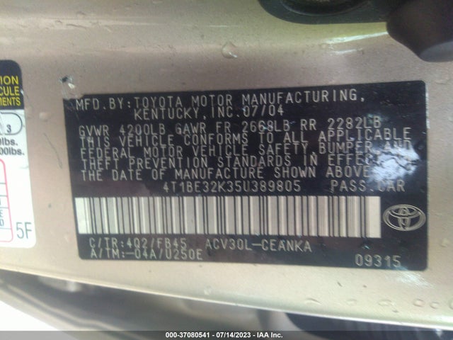 2005 TOYOTA CAMRY STD/LE/SE/XLE VIN: 4T1BE32K35U389805