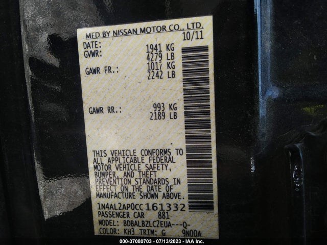 2012 NISSAN ALTIMA 2.5 S VIN: 1N4AL2AP0CC161332