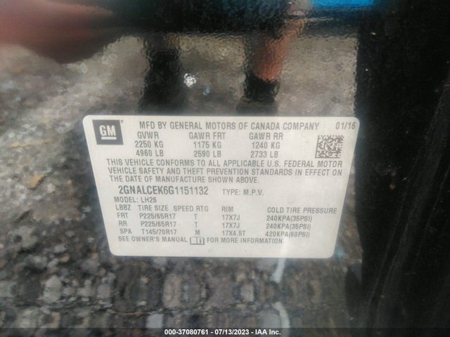 Chevrolet EQUINOX LT 2016 2GNALCEK6G1151132 Image 9