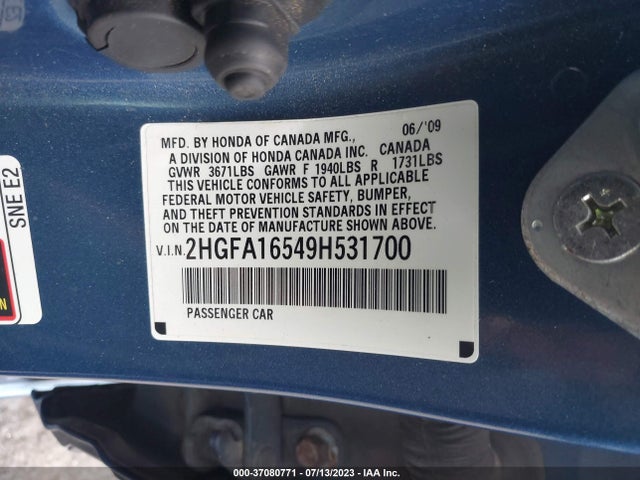 2009 HONDA CIVIC SDN LX VIN: 2HGFA16549H531700