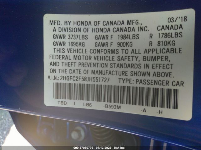 2HGFC2F58JH551727 Honda Civic Sedan Lx