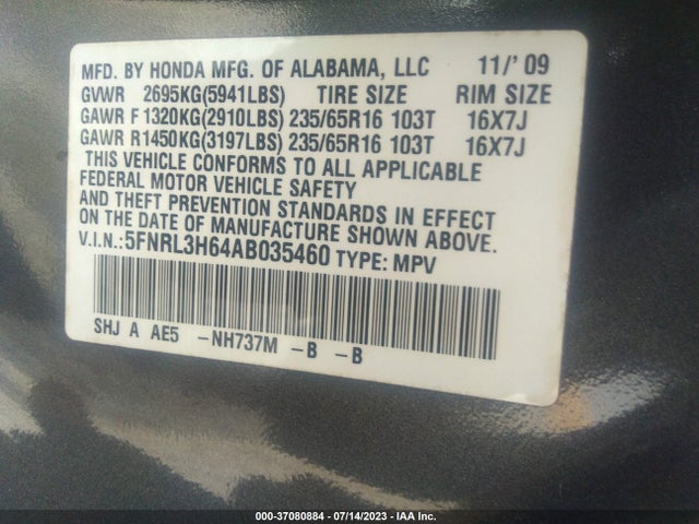 2010 HONDA ODYSSEY EX-L VIN: 5FNRL3H64AB035460