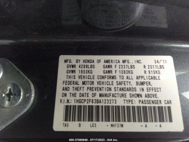 2011 HONDA ACCORD SDN SE VIN: 1HGCP2F63BA123273