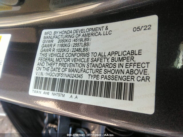 2022 HONDA ACCORD HYBRID EX-L VIN: 1HGCV3F51NA024345