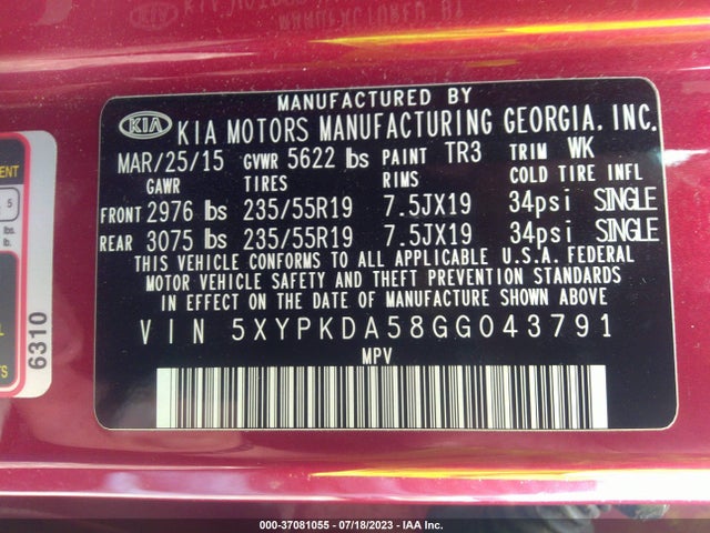 2016 KIA SORENTO SX VIN: 5XYPKDA58GG043791