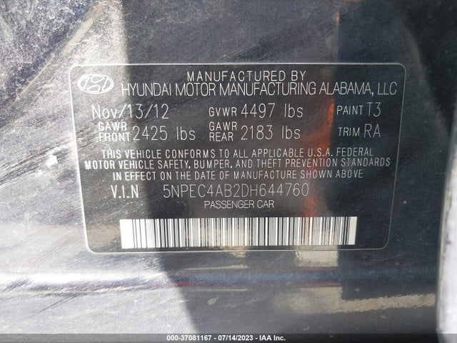 2013 HYUNDAI SONATA LIMITED VIN: 5NPEC4AB2DH644760