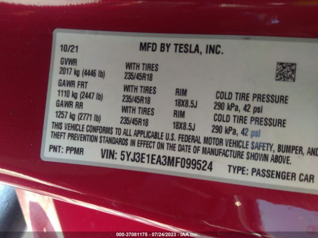 5YJ3E1EA3MF099524 Tesla Model 3 Standard Range Plus