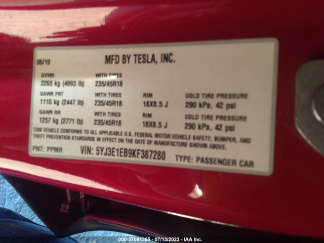 Tesla Model 3 Long Range/performance 2019 5YJ3E1EB9KF387280 Image 16