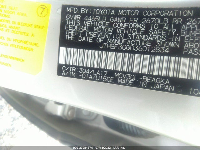 2003 LEXUS ES 300 VIN: JTHBF30G036012834