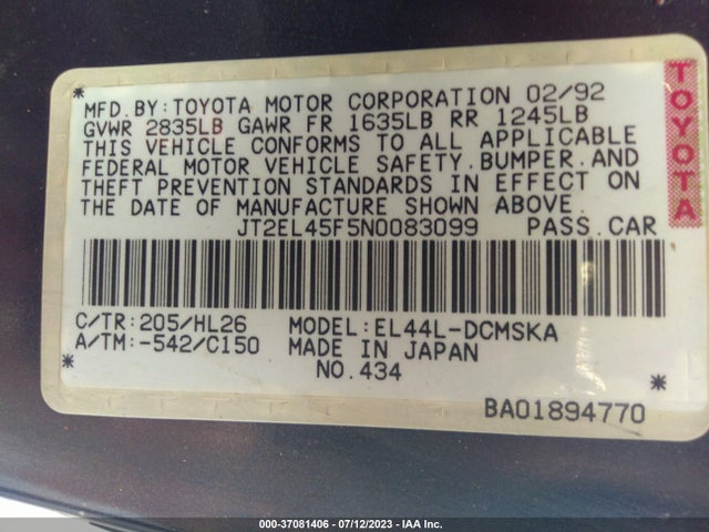 1992 TOYOTA PASEO VIN: JT2EL45F5N0083099