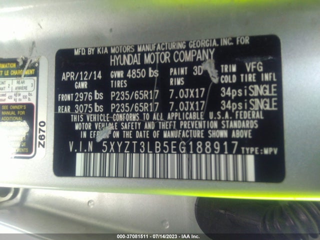 2014 HYUNDAI SANTA FE SPORT VIN: 5XYZT3LB5EG188917