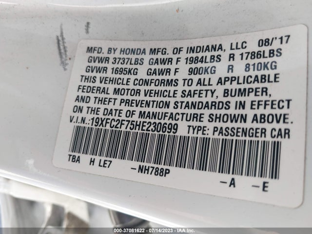 Honda Civic Sedan Ex 2017 19XFC2F75HE230699 Image 9