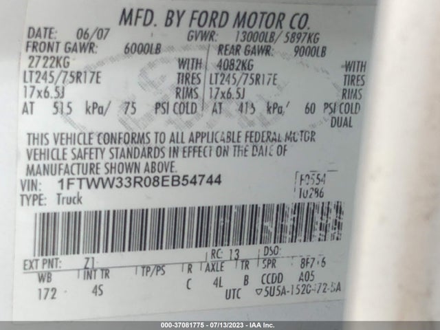 37081775 :رقم المزاد ، 1FTWW33R08EB54744 vin ، 2008 Ford Super Duty F-350 Drw Xl/xlt/fx4/lariat مزاد بيع