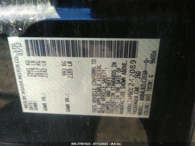 2012 NISSAN ALTIMA 2.5 S VIN: 1N4AL2AP6CC242089