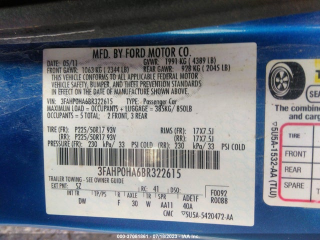 2011 FORD FUSION SE VIN: 3FAHP0HA6BR322615