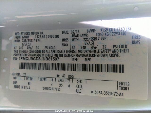 1FMCU9GD8JUB61507 Ford ESCAPE SE