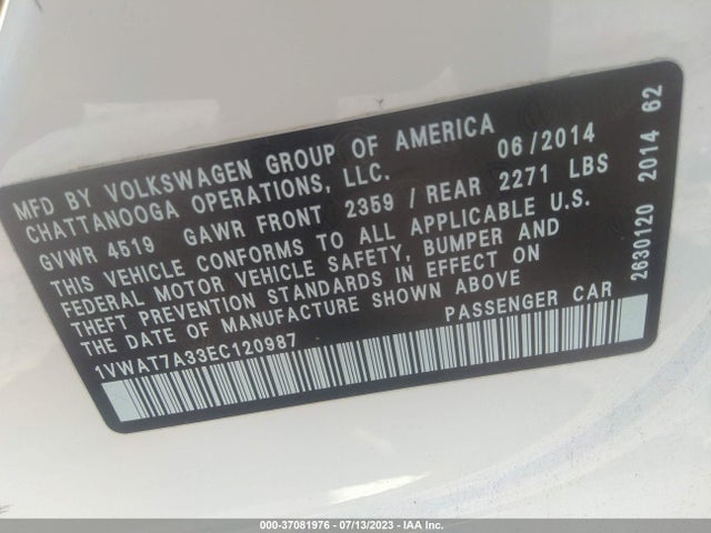 1VWAT7A33EC120987 Volkswagen Passat Wolfsburg Ed