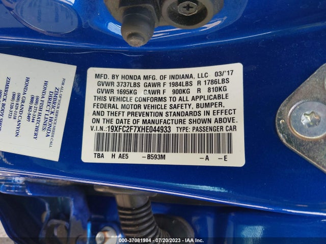 Honda Civic Sedan Ex 2017 19XFC2F7XHE044933 Image 9