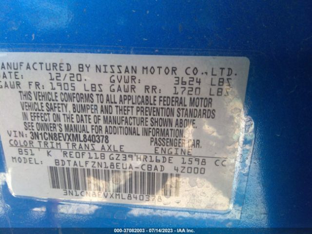 3N1CN8EVXML840378 Nissan VERSA SV
