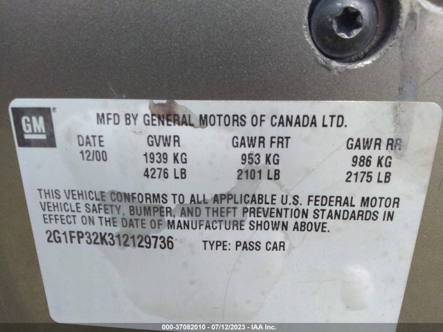 2001 CHEVROLET CAMARO VIN: 2G1FP32K312129736