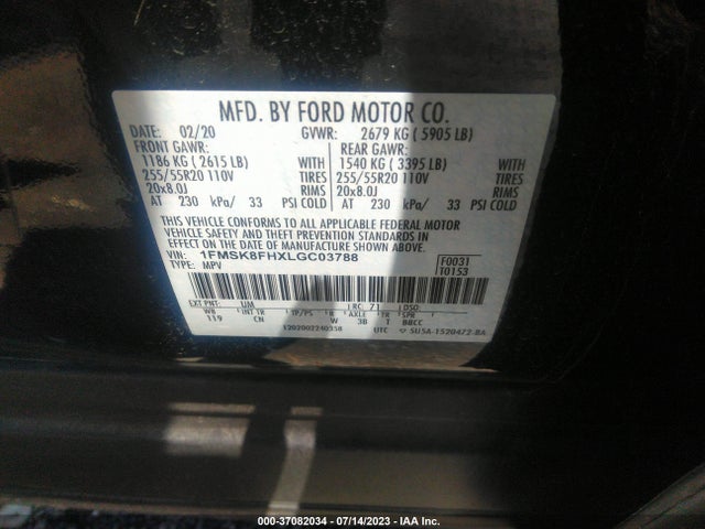 2020 FORD EXPLORER LIMITED VIN: 1FMSK8FHXLGC03788