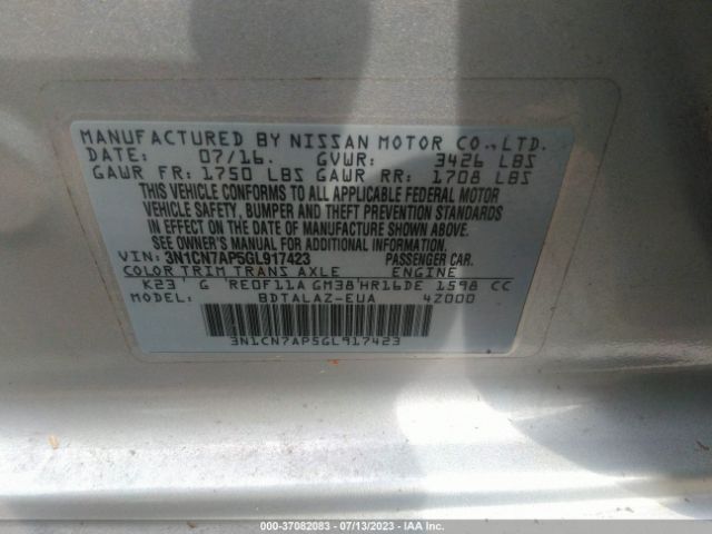 3N1CN7AP5GL917423 Nissan Versa S Plus