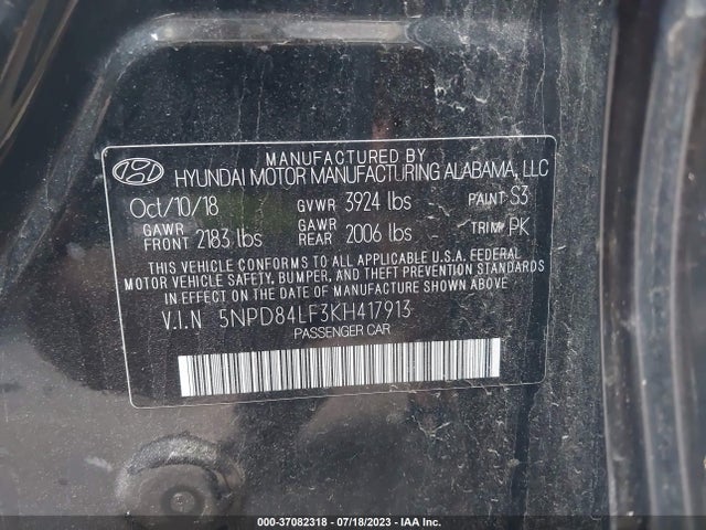 2019 HYUNDAI ELANTRA SEL VIN: 5NPD84LF3KH417913