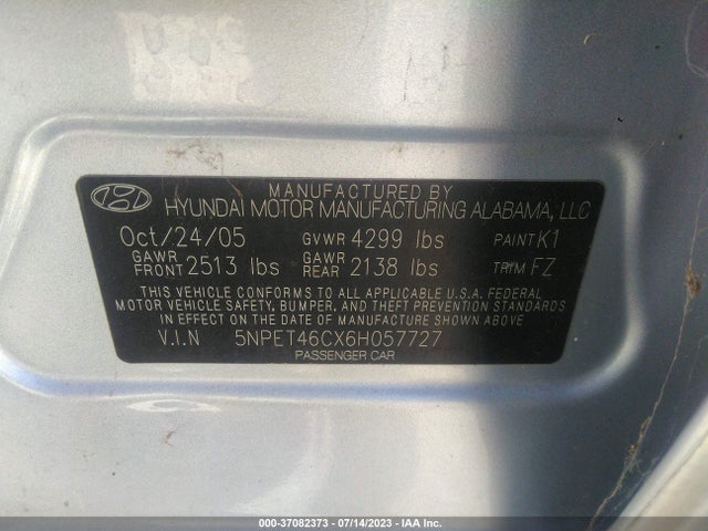 2006 HYUNDAI SONATA GL VIN: 5NPET46CX6H057727