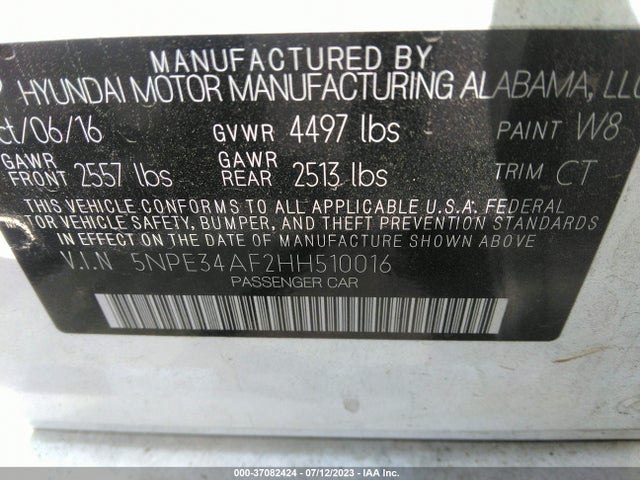 2017 HYUNDAI SONATA SPORT VIN: 5NPE34AF2HH510016