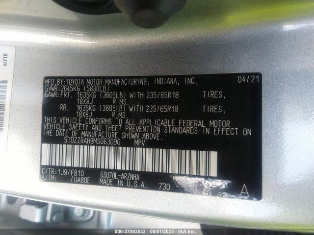 Toyota Highlander L/le 2021 5TDZZRAH9MS063090 Image 9