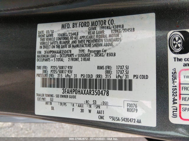 2010 FORD FUSION SE VIN: 3FAHP0HAXAR350478