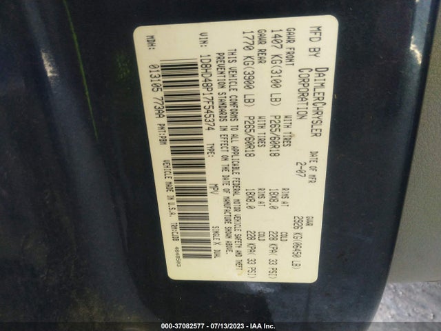2007 DODGE DURANGO SLT VIN: 1D8HD48P17F545374