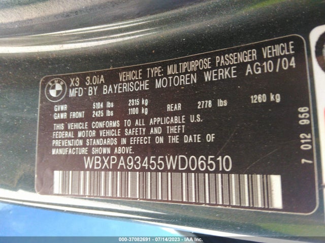 2005 BMW X3 3.0I VIN: WBXPA93455WD06510