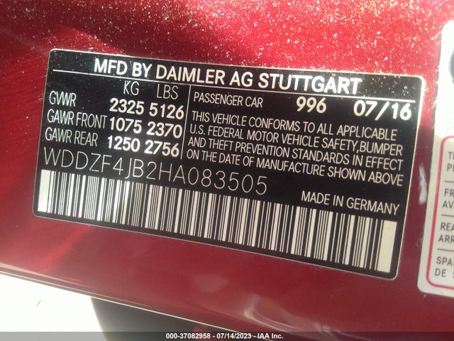 2017 MERCEDES-BENZ E-CLASS E 300 VIN: WDDZF4JB2HA083505